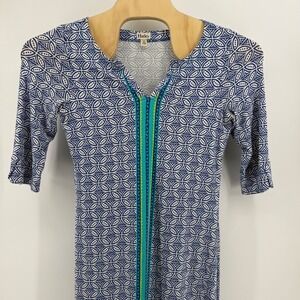 Hatley Blue White Geometric Print V-Neck Shift Dress 3/4 Sleeve Womens Medium